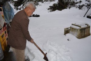 Tadatsugu Tsurumaki of Kamo, Niigata Prefecture, clears snow with a shovel before it gets too deep.