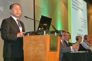JA-Zenchu Vice President Toshiaki Tobita gives a speech on JA’s activities at a session in the annual meeting of the World Farmers’ Organization on Thursday, March 27, in Buenos  