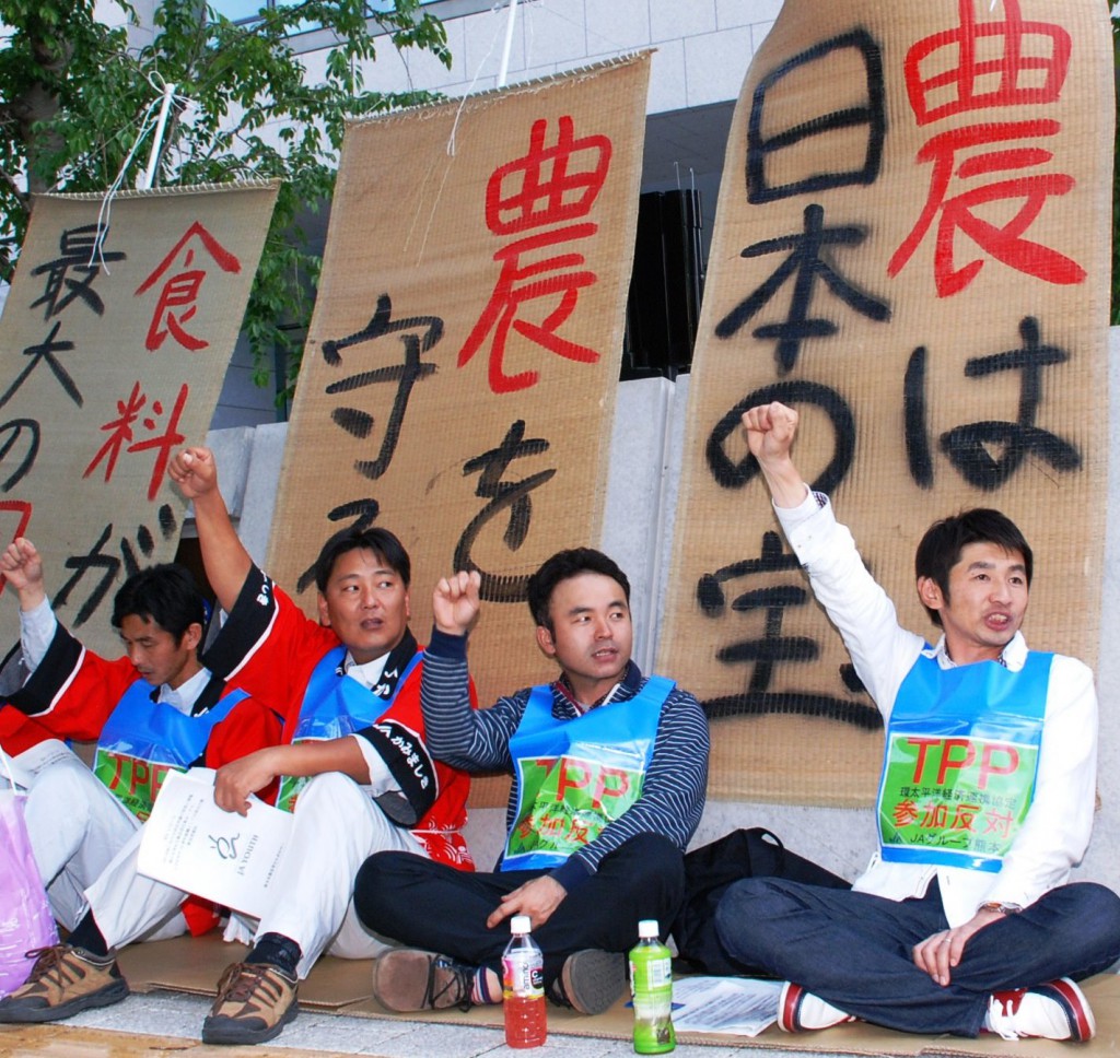 Young farmers go on a sit-down strike in Tokyo on Tuesday, May 13. 