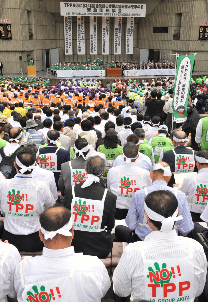 Some 3,000 farmers and consumers gather at an open air concert hall in Tokyo on Wednesday, May 14, to say no to the TPP talks.