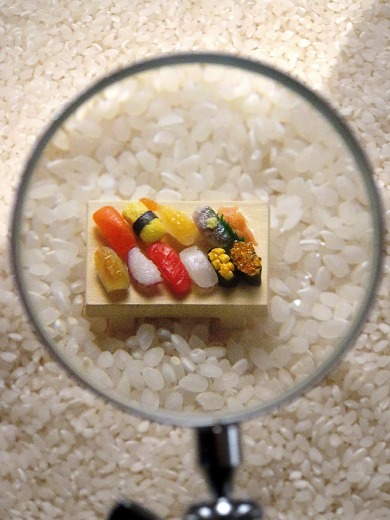 Sushi miniatures seen through a magnifying glass.