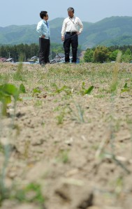 Eiichi Fukuda (right), a farmer of Minamisoma, Fukushima Prefecture, speaks with an agricultural co-operative staff at his rice paddy which is left fallow due to delay in decontamination works. 