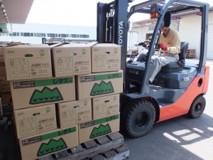 Boxes of lettuces grown in Nagano Prefecture, marked with JA Zen-Noh Nagano’s unified brand Mitsuyama, are prepared for shipment at JA Shinshu Ueda’s distribution center in Ueda, Nagano Prefecture.