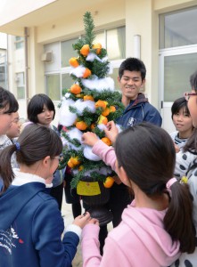 Orange peel ornamented tree made by students of Yawatahama Shirahama Elementary School