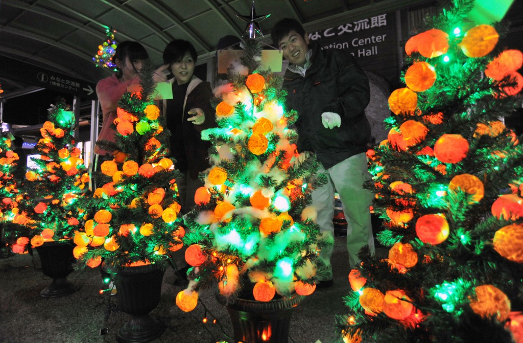 Christmas Orange Festival 2014 organizers turning lights of orange trees (in Yawatahama-shi, Ehime Prefecture) 