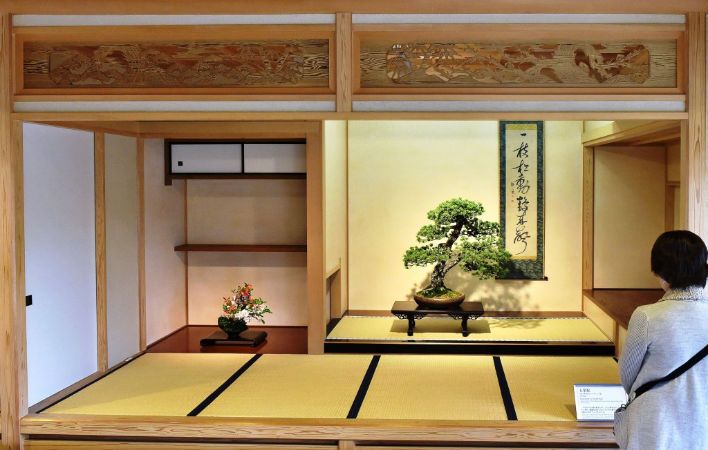 Visitors can learn how to display bonsai in tokonoma alcove in traditional Japanese reception room